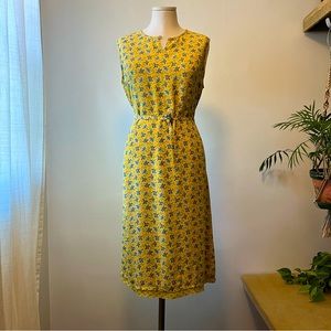 April Cornell Yellow and Blue Floral Vintage 90s MIdi Dress w Rhinestone Detail